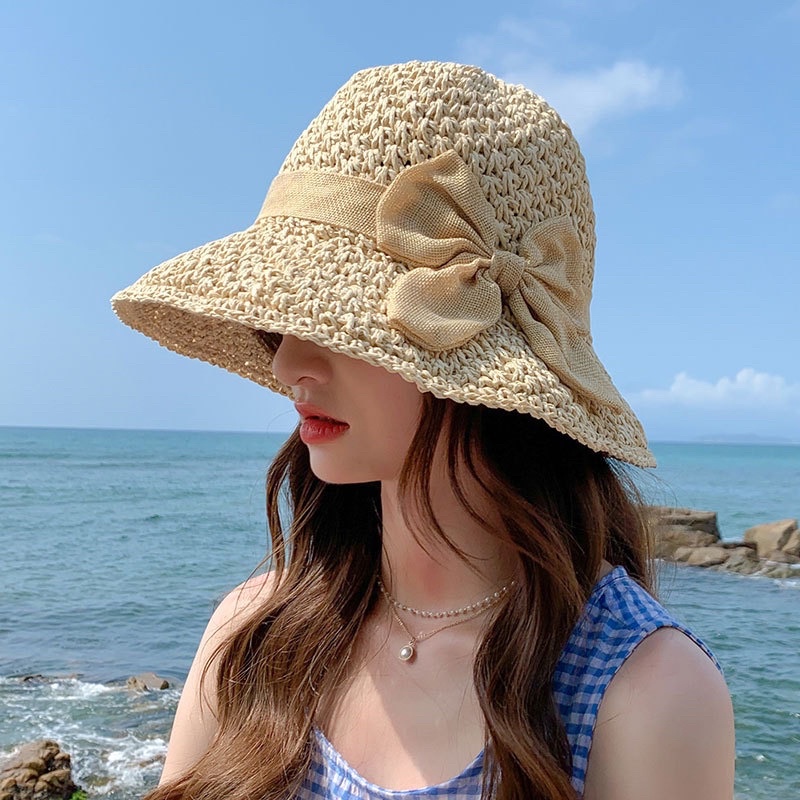 Mũ cói handmade đính nơ vải bố xinh xắn