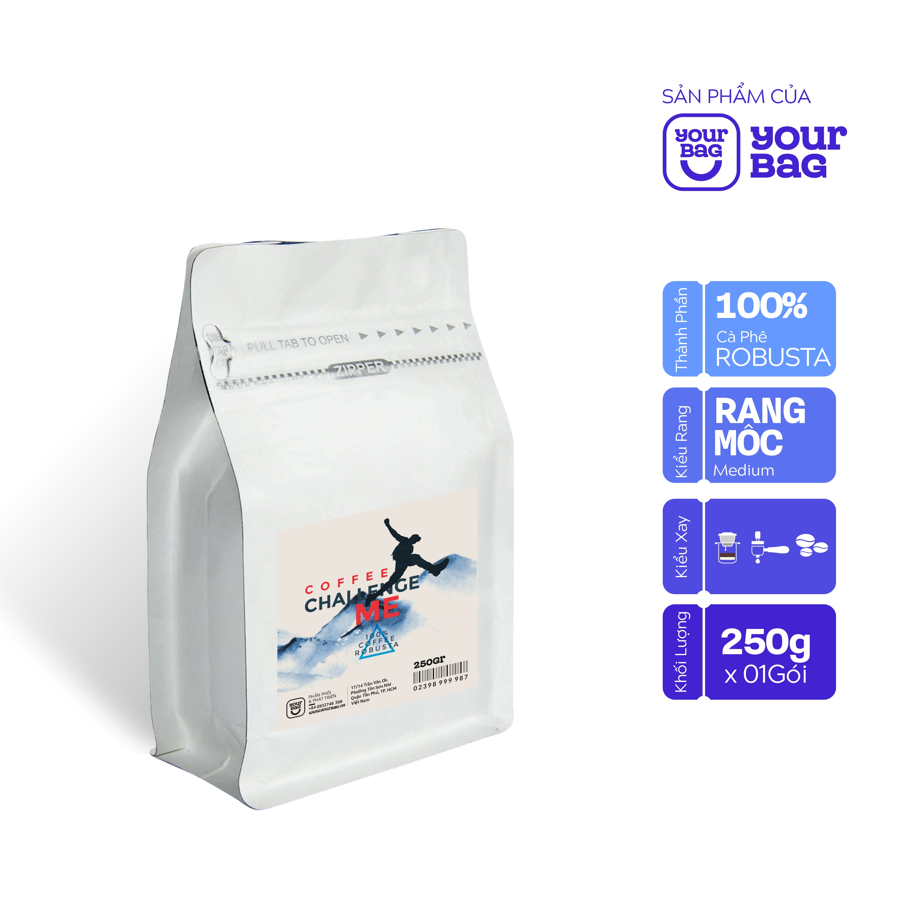 Cà Phê rang xay nguyên chất (Challenge 250gxgói). Hương thơm tự nhiên ,Vị đắng, Hậu mạnh, Gu cafe Espresso - yourbag cà phê