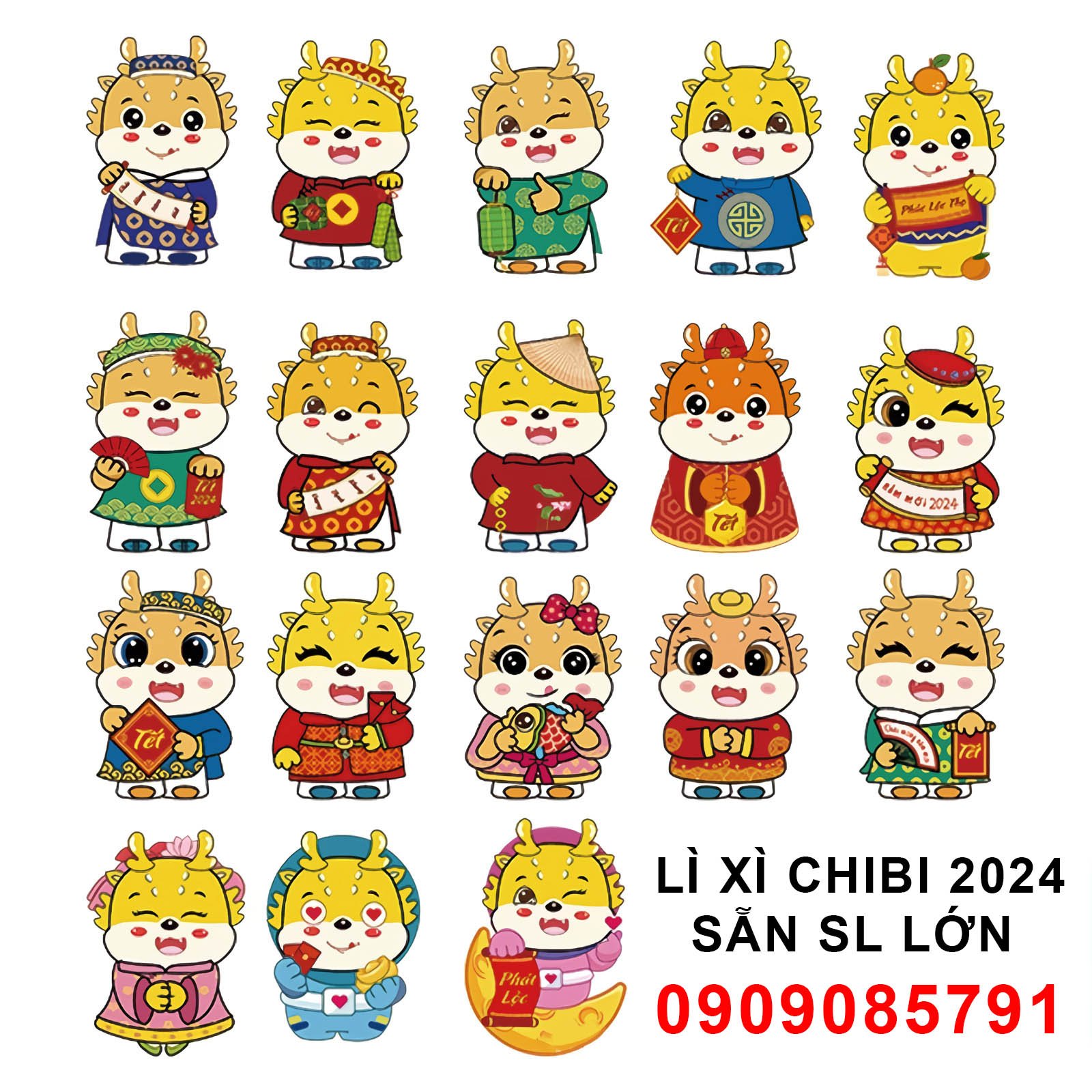 Sét 100 Bao lì xì chibi hoạt hình 2024 siêu hot mix mẫu