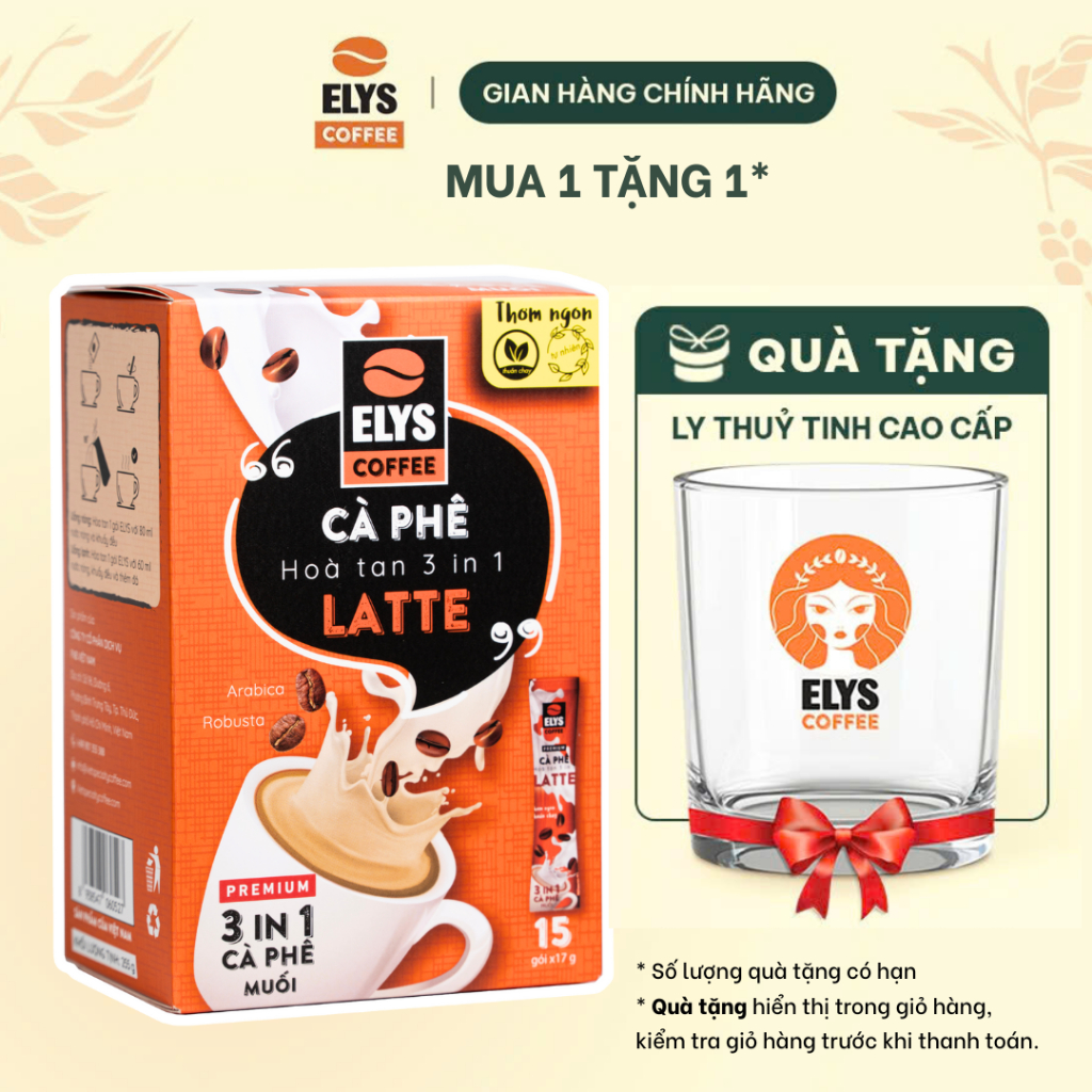 |Tặng 1 ly thủy tin cao cấp | Elys Coffee - Cà phê hòa tan latte muối 3 in 1 - Hộp 255G x 15 túi