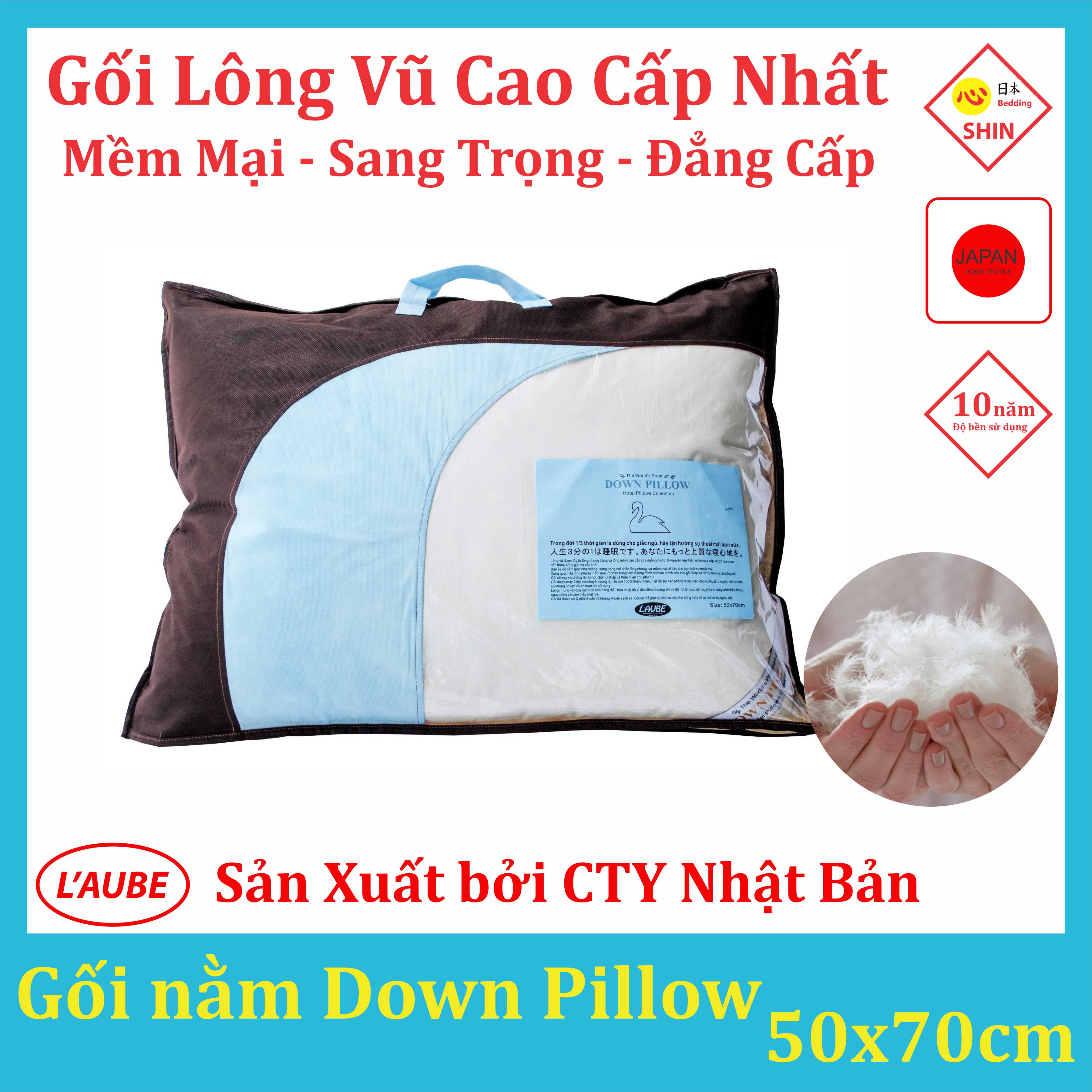 Gối ngủ lông vũ cao cấp sang trọng nhat Down Laube  50x70cm thương hiệu Nhật Bản