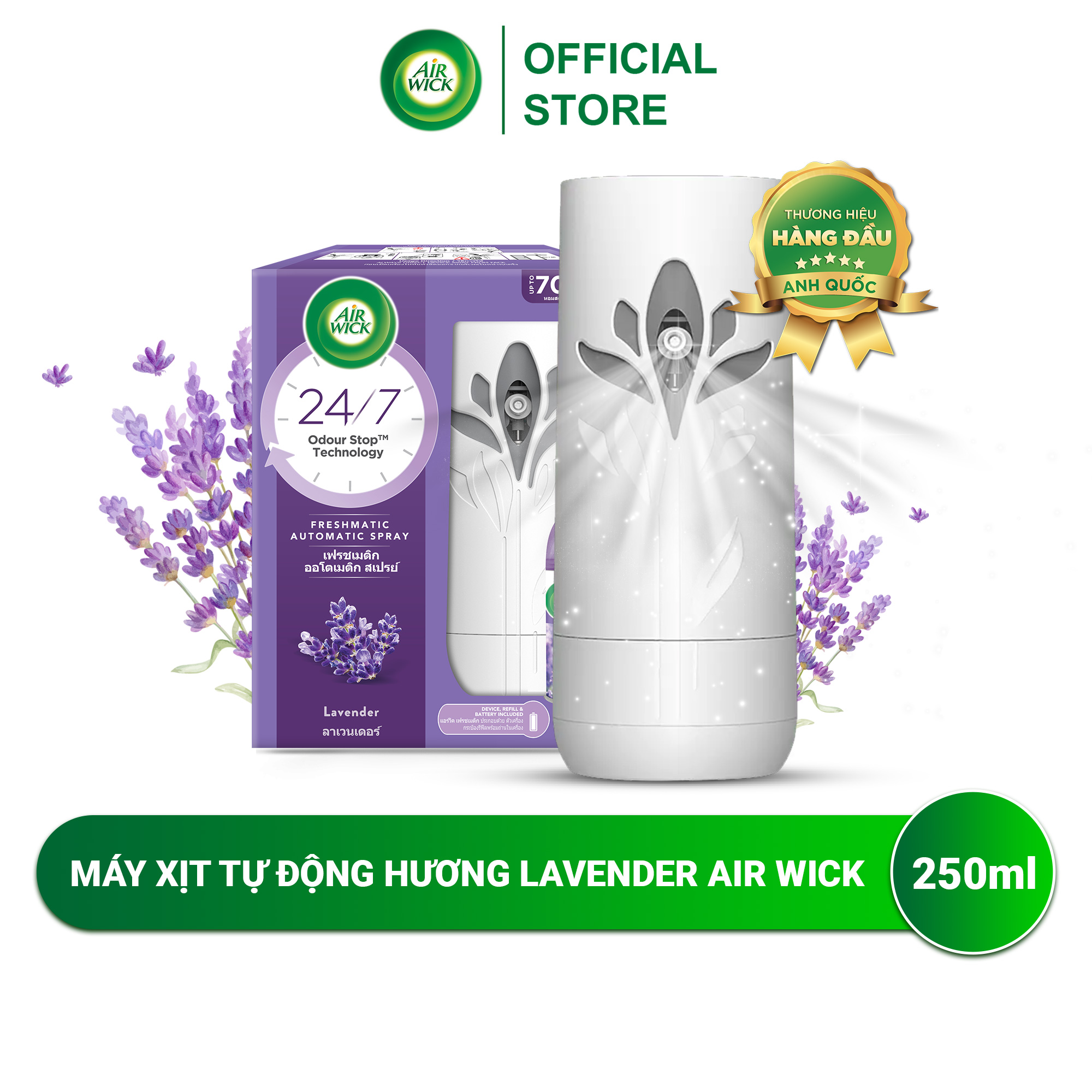 Máy xịt thơm phòng AIRWICK hương Lavender, Anh Quốc, hương thơm dịu nhẹ, công nghệ Odour Stop, ngát hương 24/7 250ml