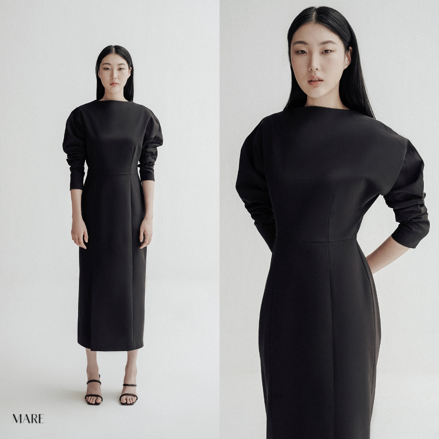 Mare - váy suông tay raglan xẻ trước màu đen - karoline dress