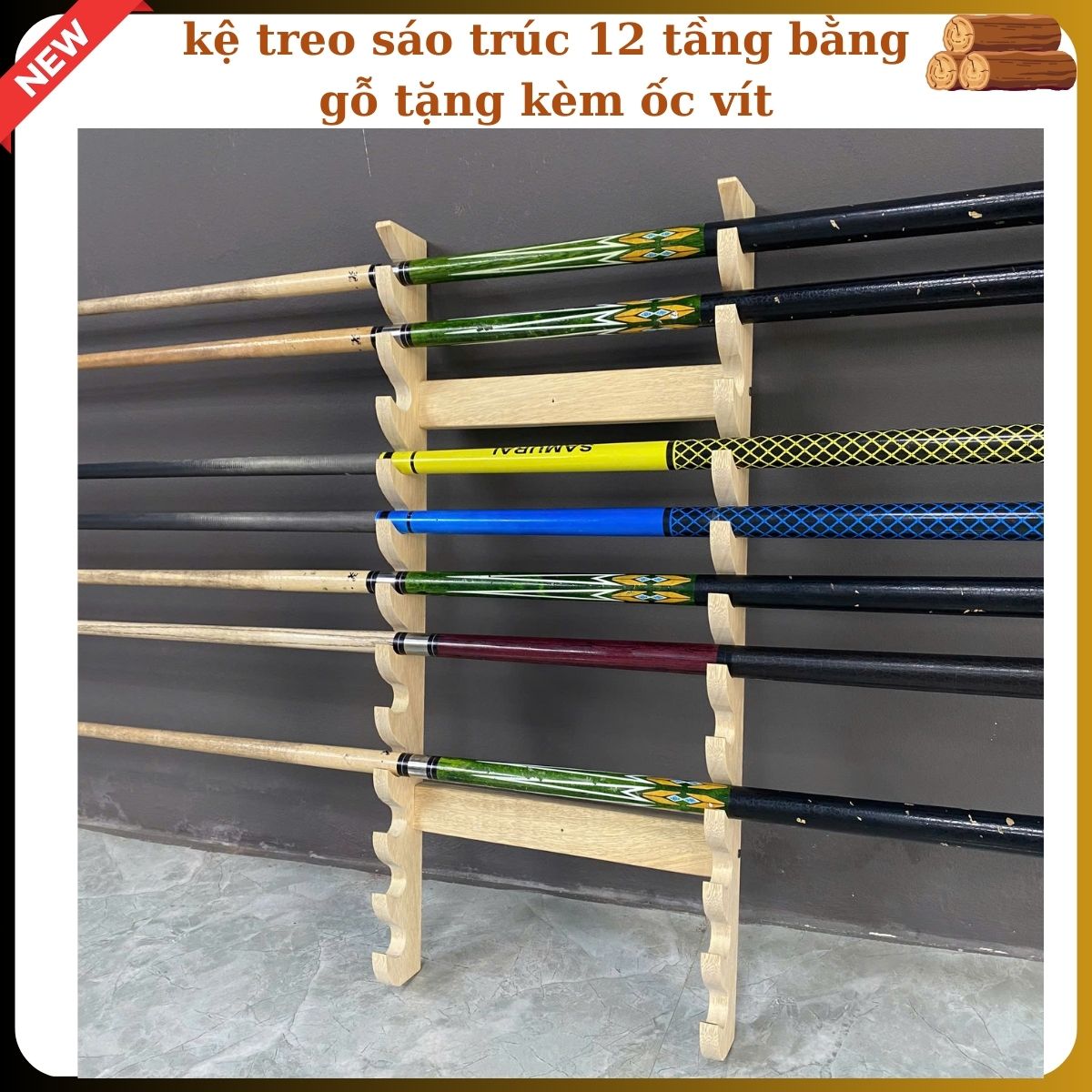 kệ treo sáo trúc 12 tầng bằng gỗ tặng kèm ốc vít