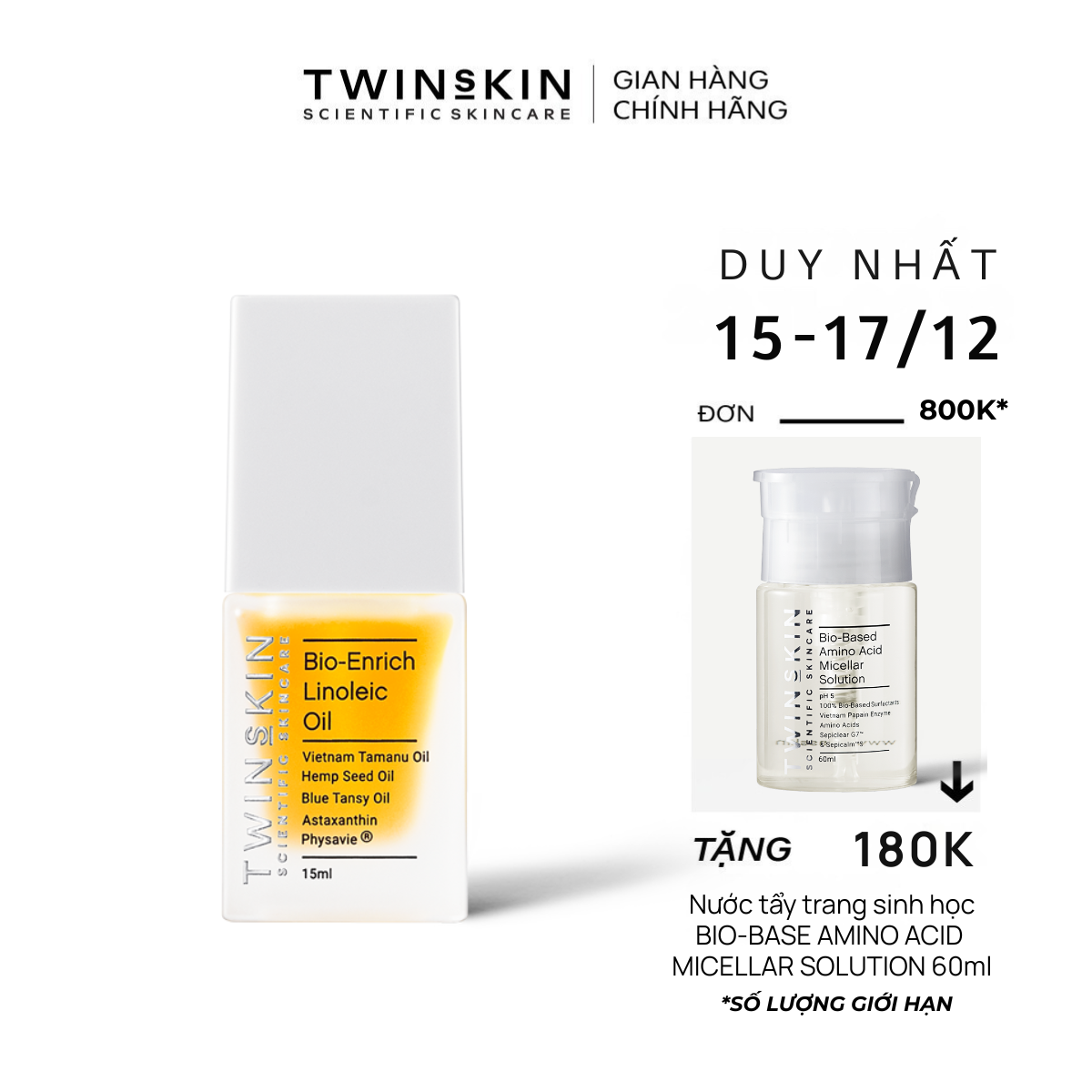  Dầu dưỡng ẩm thoáng nhẹ cải thiện chất lượng bã nhờn hỗ trợ giảm viêm mờ thâm sạm - Bio-enrich Linoleic Acid Oil 5ml và 15ml 