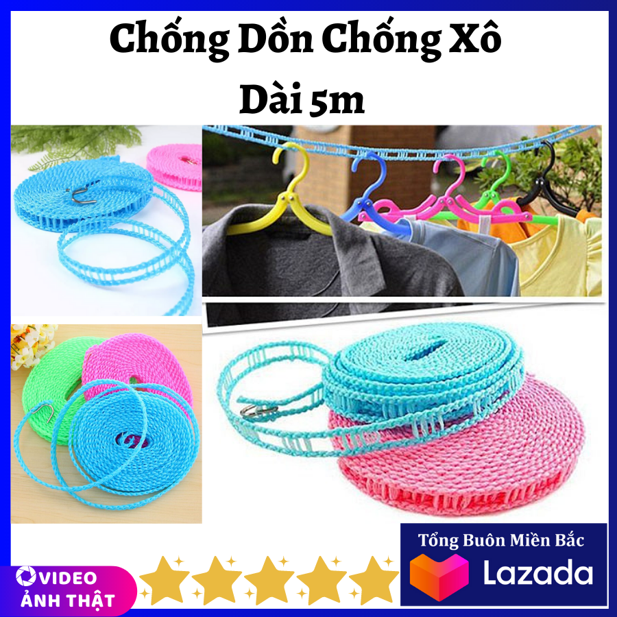 BỘ 3 Dây Phơi Chống Dồn Quần Áo Đa Năng Thông Minh DÀI 5M - Chất Liệu Sợi Dây Cực Tốt - Màu Sắc Bắt Mắt Tươi Tắn