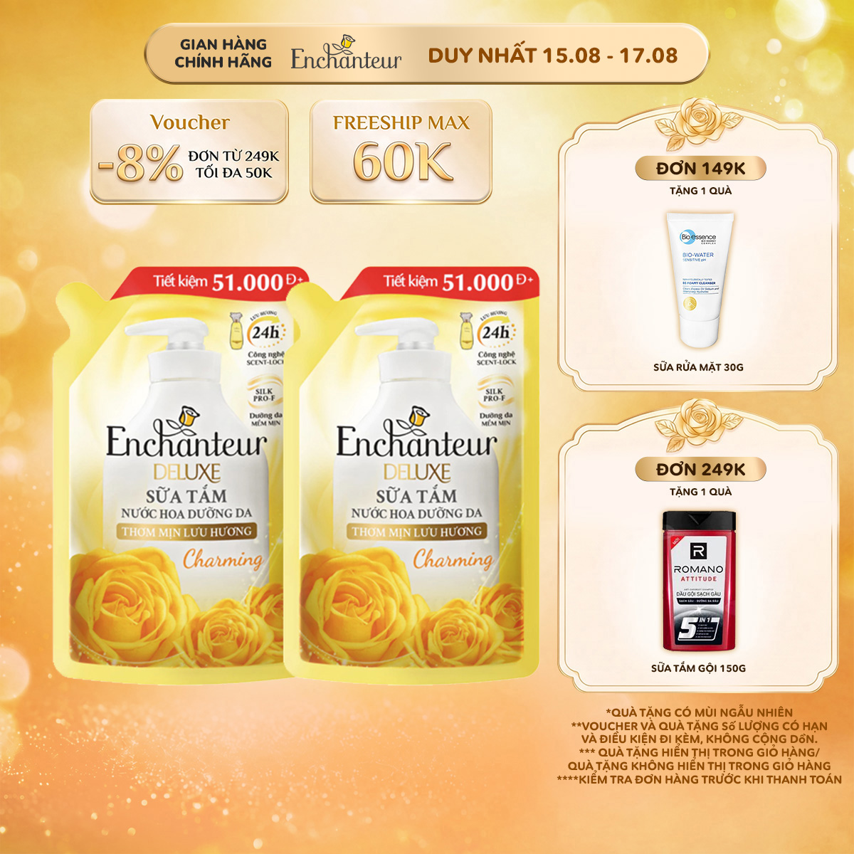 Combo 2 túi sữa tắm dưỡng da hương nước hoa hương Enchanteur Charming/ Sensation 450gx2