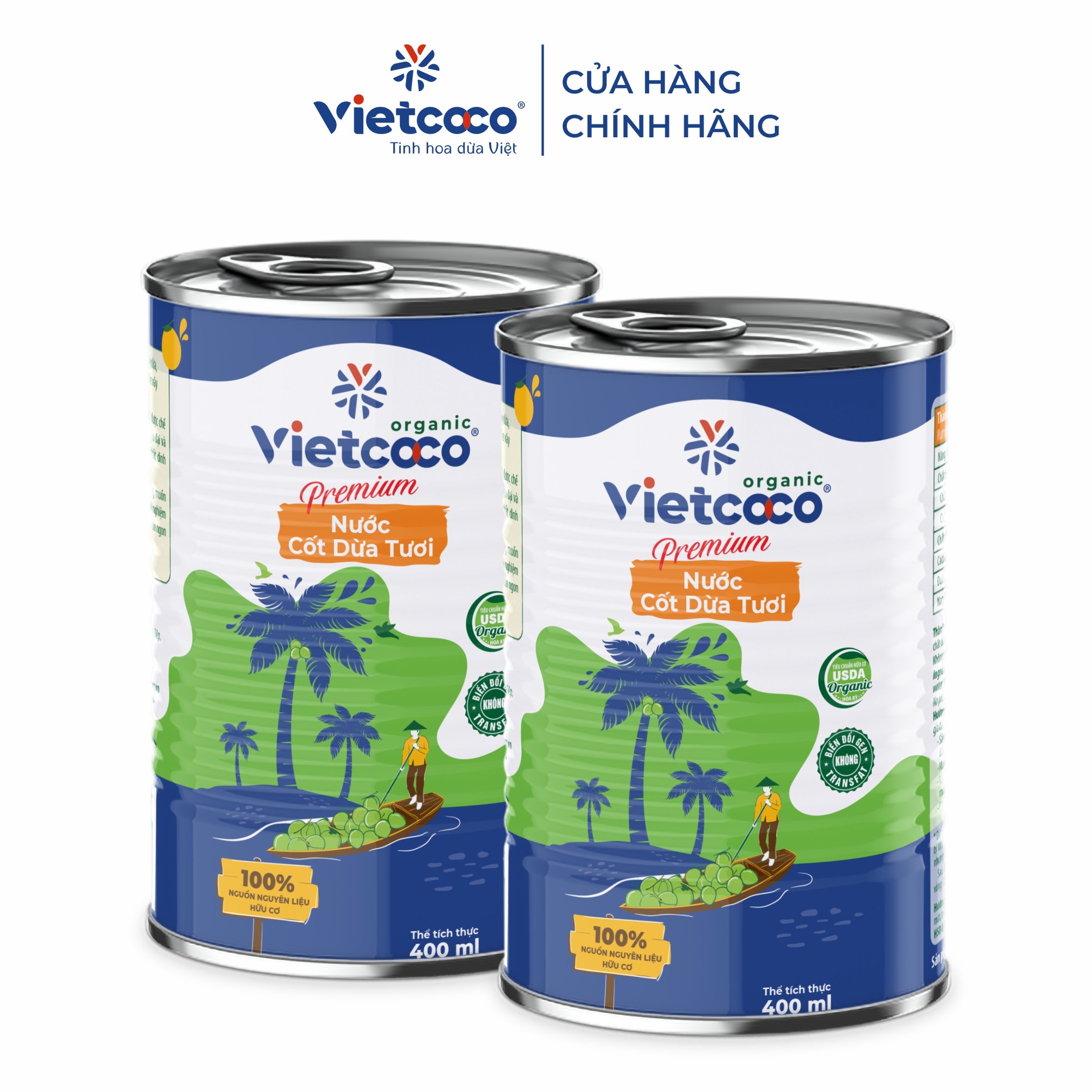 COMBO 2 LON Nước cốt dừa tươi ORGANIC Vietcoco - Lon 400ml
