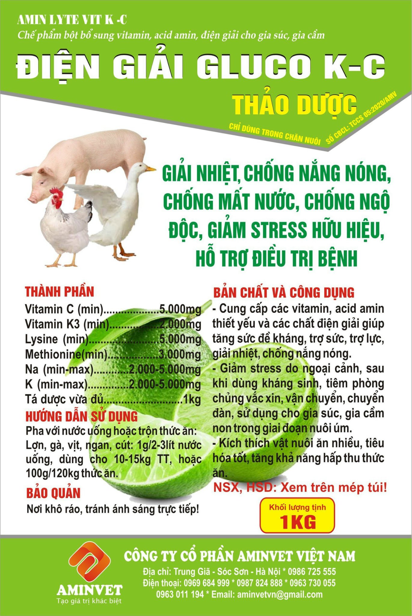 Điện giải gluco KC thảo dược dùng cho vật nuôi