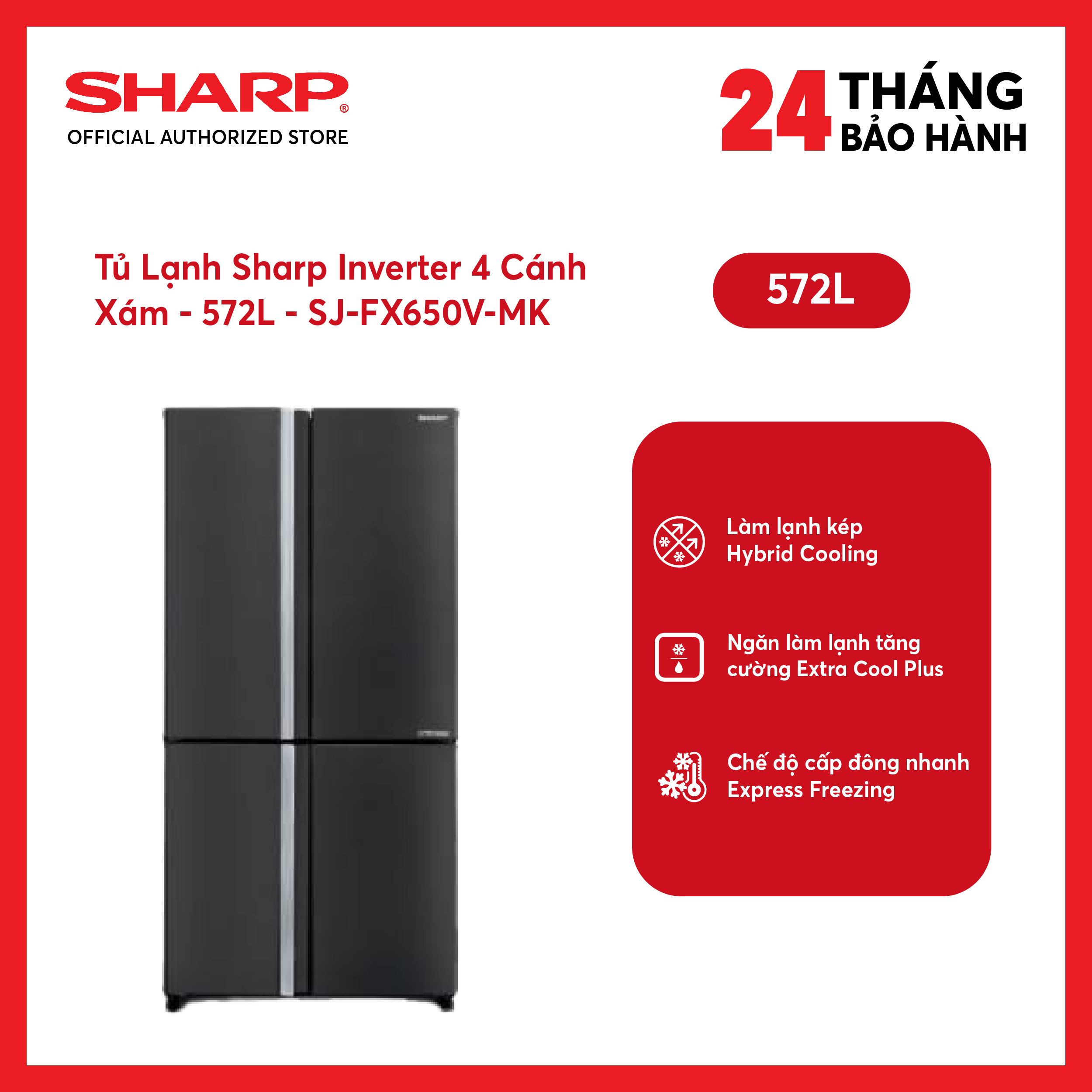 [MODEL 2026][FreeSHIP COD + Lắp Hà Nội] Tủ lạnh Sharp Inverter 572 lít SJ-FX650V-MK