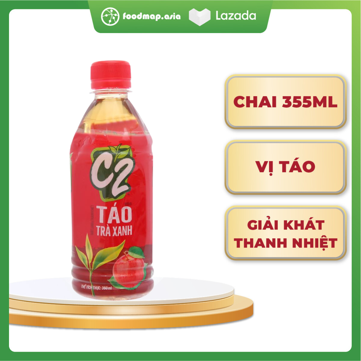 Trà Xanh C2 Hương Táo - Chai 355ml - Giải nhiệt thanh mát - Foodmap