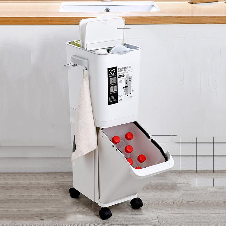 Thùng Rác 3 ngăn 2 tầng có bánh xe Thùng rác phân loại rác vô cơ và hữu cơ - Thùng đựng rác phân loại