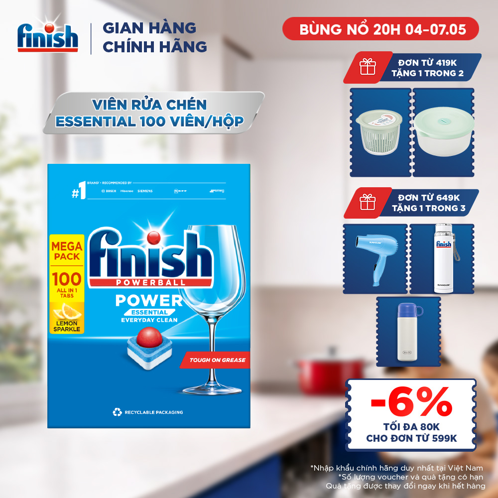 Viên Rửa Chén Bát Hương Chanh Finish Powerball Power Essential Lemon Sparkle - Hộp 100 viên siêu tiết kiệm