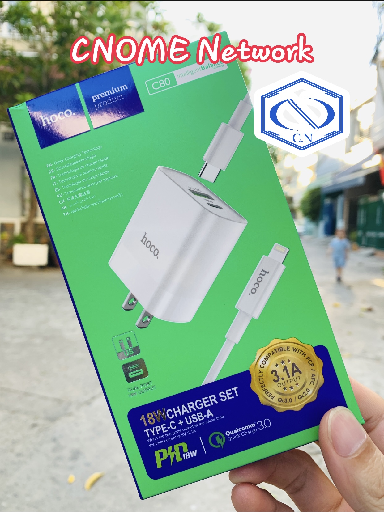 Bộ  sạc iphone 2 đầu ra pd 20w hoco c80, hỗ trợ sạc nhanh qc3.0 - bo sac cap 2 dau ra hoco, ho tro sac nhanh