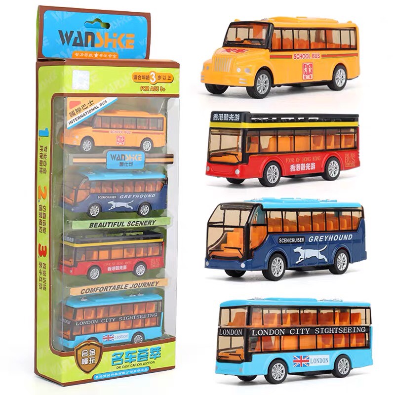 Đồ chơi set 4 chiếc ô tô buýt bằng sắt chạy bánh đà siêu hot