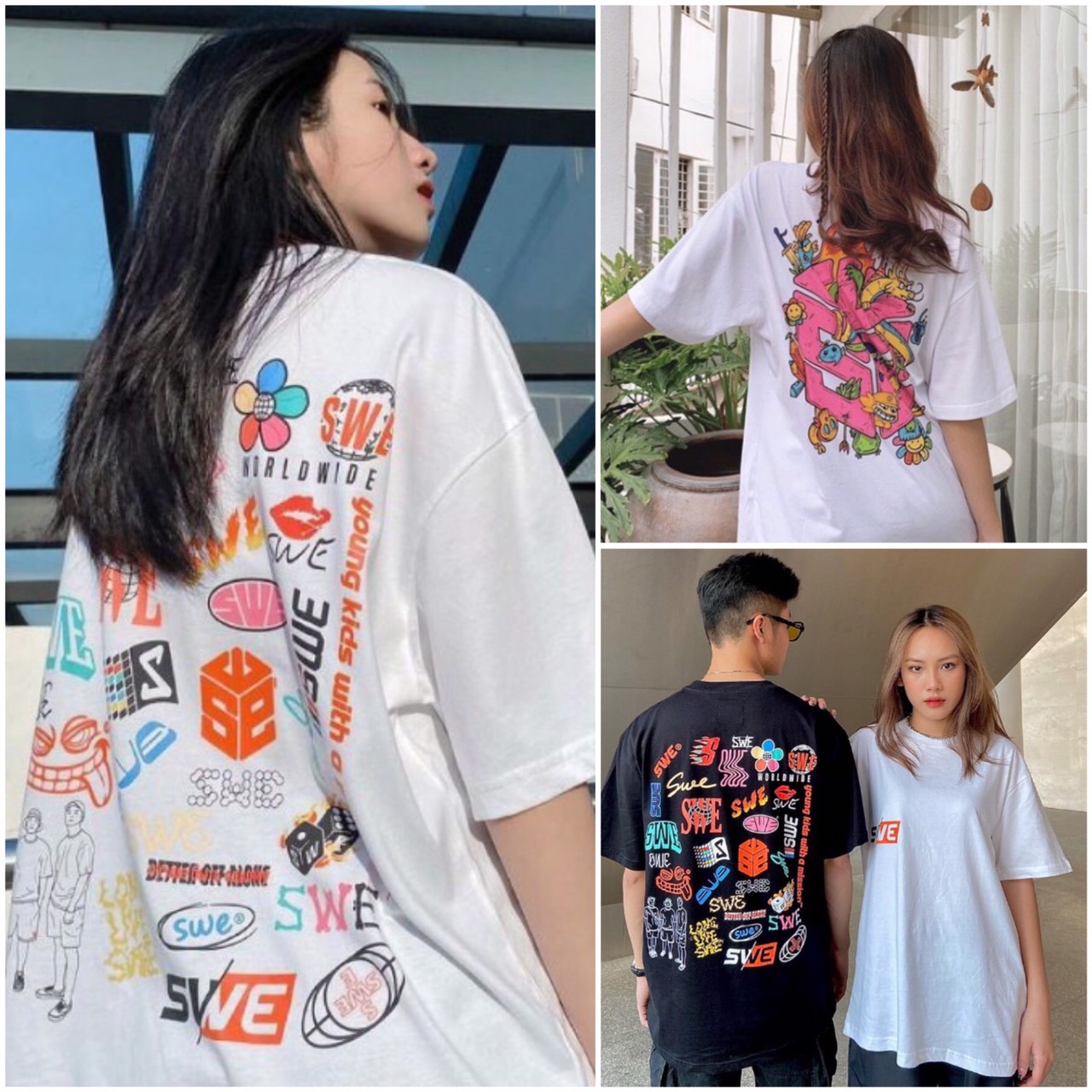 Áo phông unisex s.we logos tay lỡ form rộng - áo thun unisex chất liệu cotton 2 màu đen trắng logos s.we