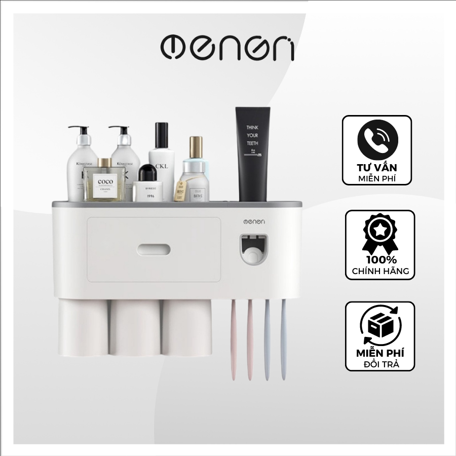 Bộ nhả kem tự động, kệ để cốc bàn chải đánh răng nhà tắm lắp đặt dính tường oenen