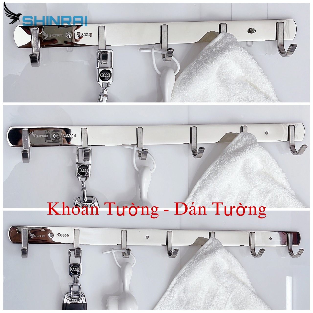 ( Dán Tường - Khoan Tường ) Phân Phối Sỉ Móc Treo Quần Áo Vuông , Móc Treo Đồ Đa Năng Nhà Tắm INOX SUS304 SHINRAI