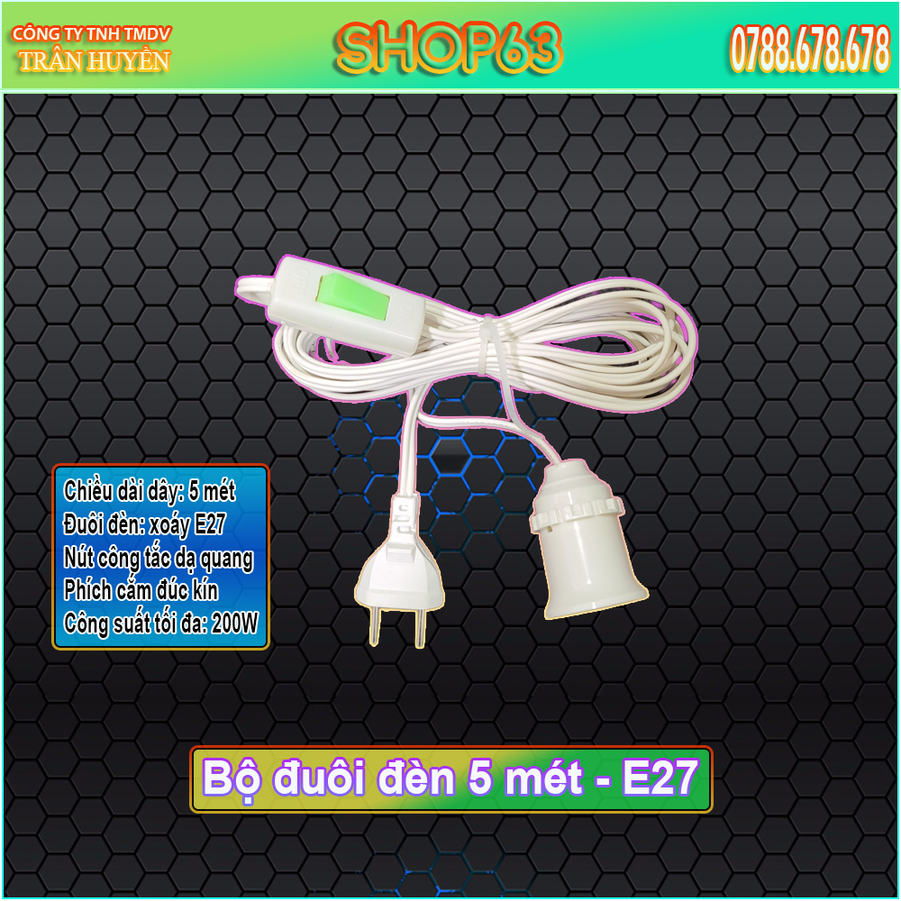 Bộ đuôi đèn E27 kèm công tắc dạ quang chống cháy cao cấp - gồm dây điện lõi đồng dày dài 5m và phích cắm  (đuôi xoáy 27 - nguyên bộ như hình)