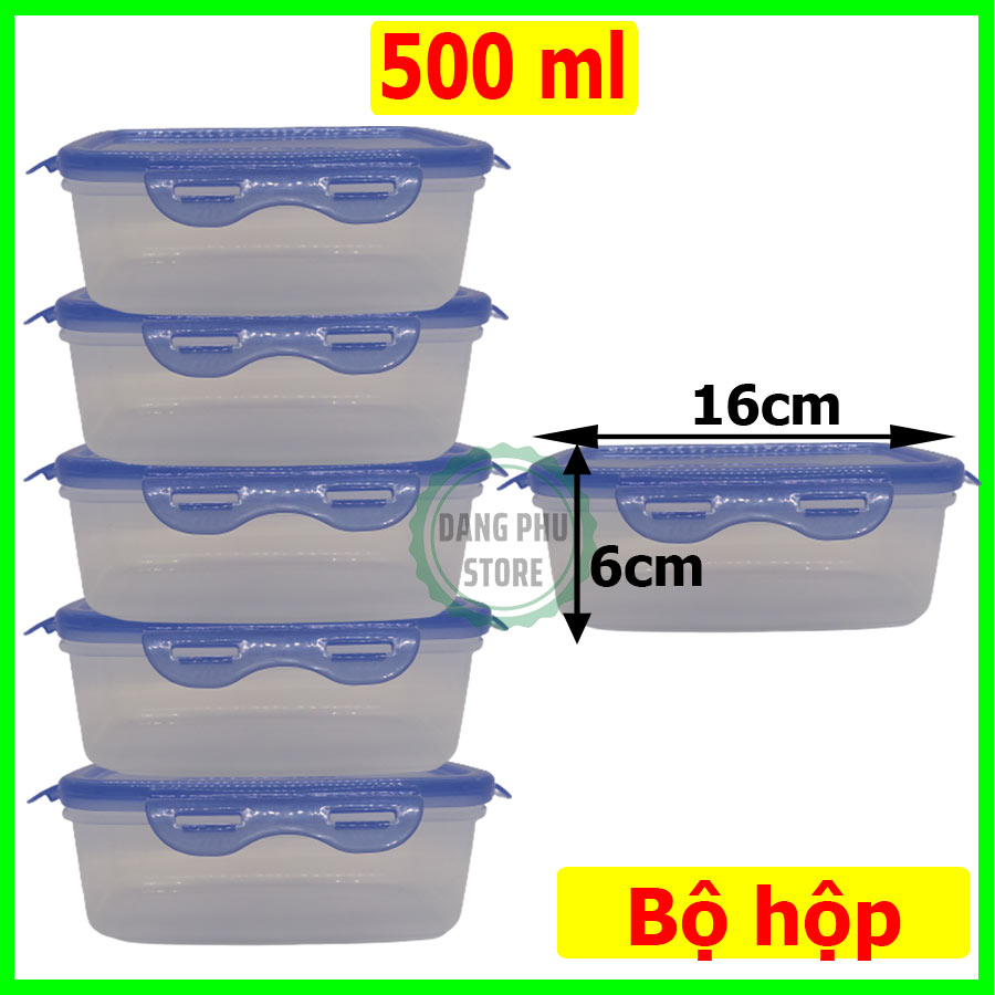 Combo 5 hộp nhựa đựng thực phẩm chữ nhật cao cấp dung tích 500ml (hộp nhỏ), nắp gài chắc chắn- Màu ngẫu nhiên-HTP-07