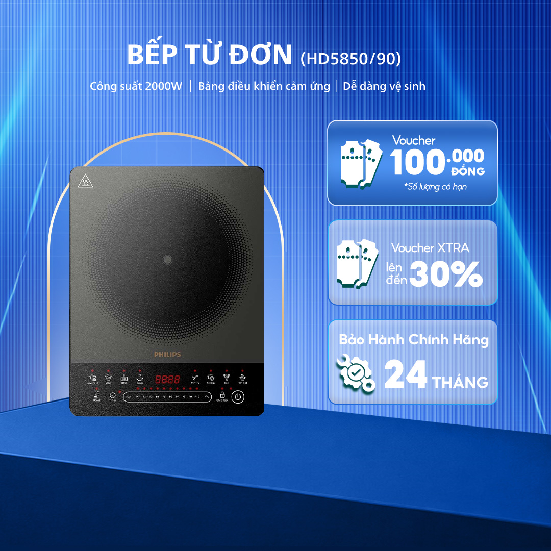 Bếp điện từ Philips HD5850/90 - Công suất 2000W - Mặt kính Ceramic - Bảo hành 24 tháng