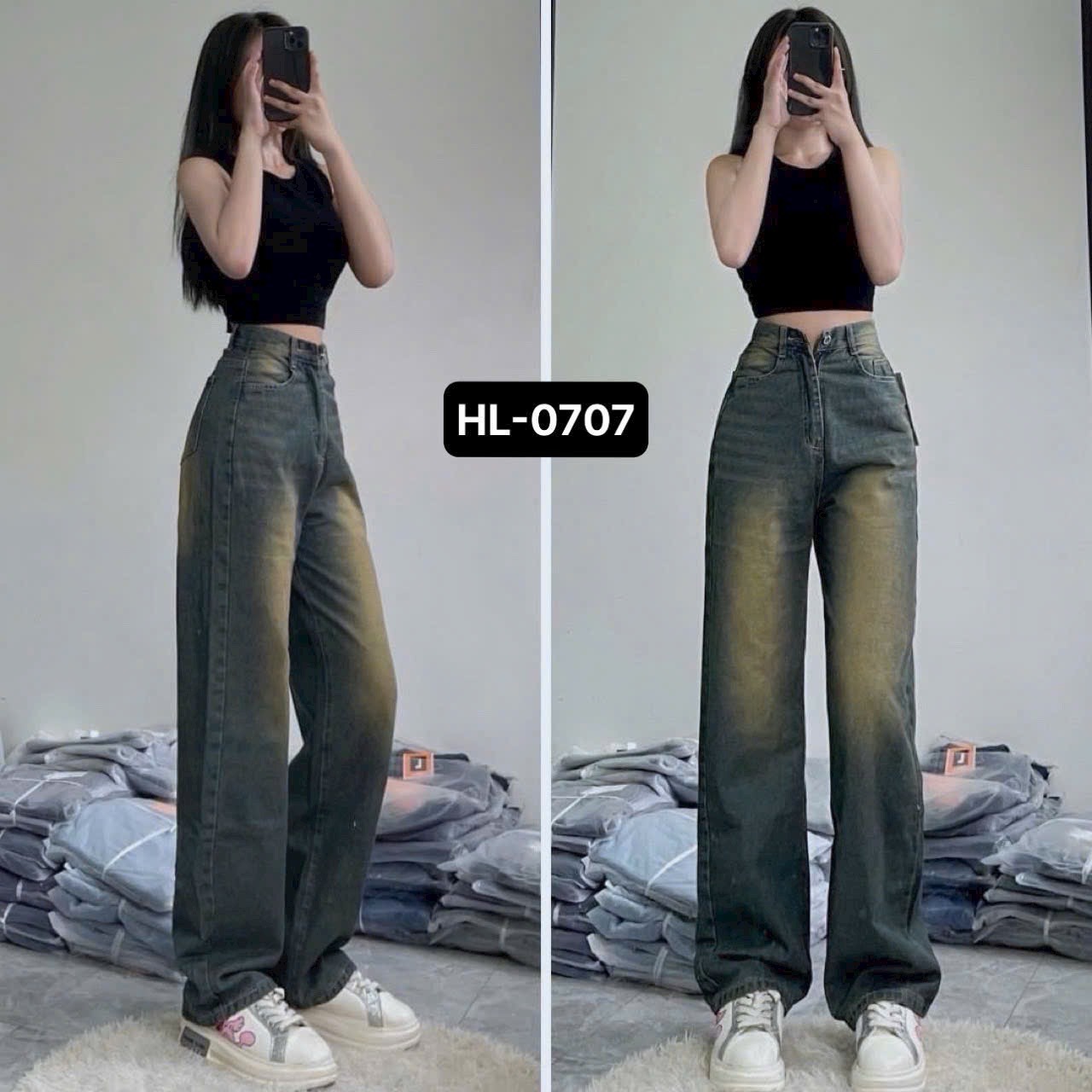 Quần beggy Nữ trơn màu xạnh rêu lưng cao ống rộng trẻ trung cá tính - Quần jean beggy Chất Vải denim