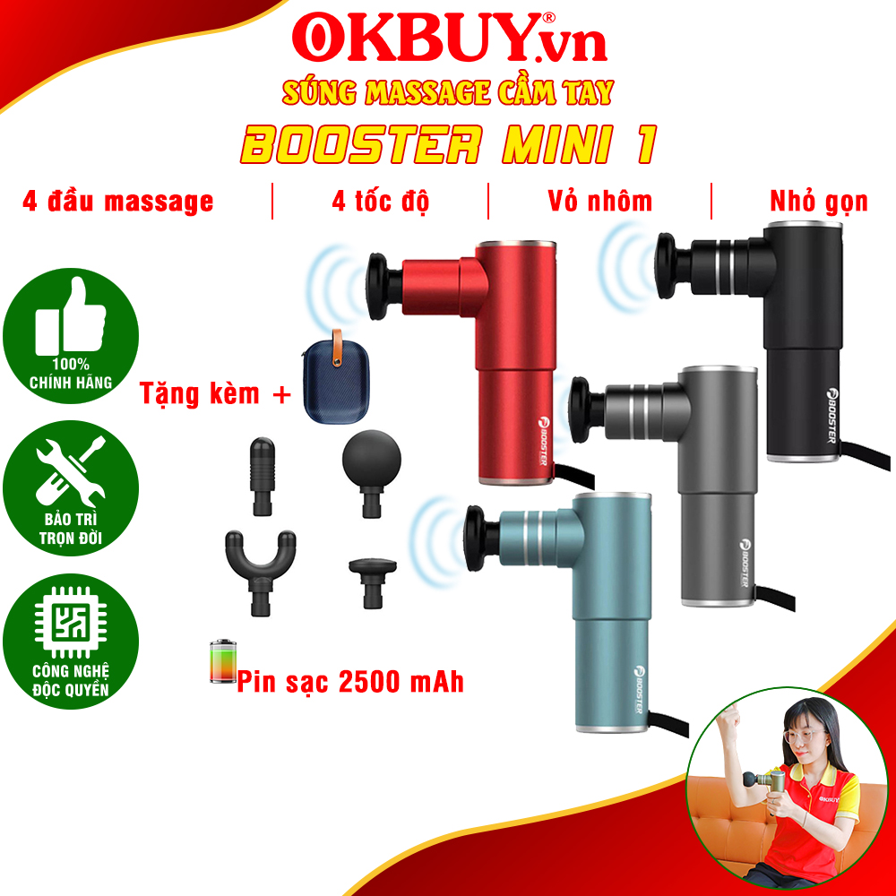 Máy massage cầm tay, súng massage mini, súng giãn cơ cầm tay, súng massage cầm tay Booster Pocket MINI - 4 đầu - Hỗ trợ thư giãn cơ bắp| OKBUY