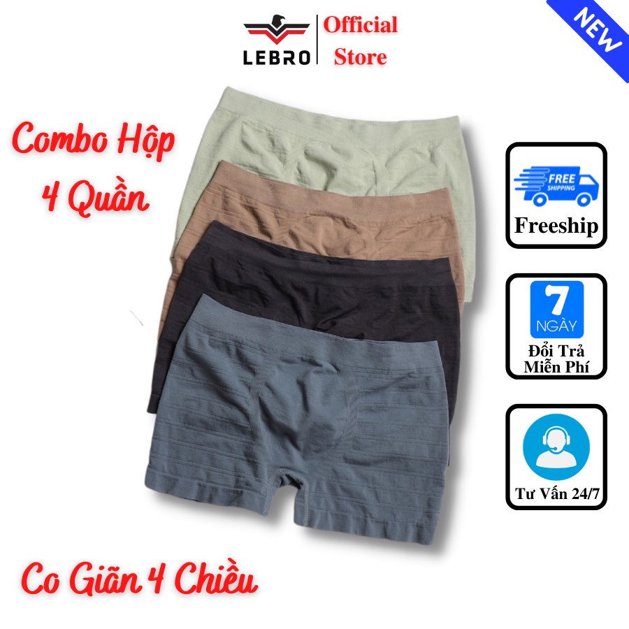 Hộp 4 Quần Lót Nam Cao Cấp Xịn Thông Hơi Thoáng Mát, Quần Sịp Đùi Nam Cao Cấp LEBRO Đủ Size Đủ Màu, Chất Liệu Sợi Rayon Co Giãn Cực Tốt Phù Hợp Mọi Lứa Tuổi, Ôm Sát Body Trẻ Trung Năng Động Quyến Rũ Gợi Cảm Cuốn Hút
