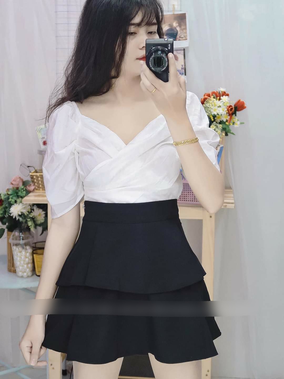 Set áo nữ cổ tim đắp kiểu chéo phối váy 2 tầng cực nữ tính