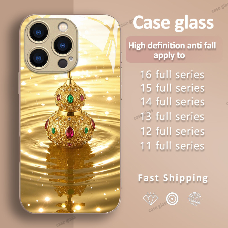 Ốp kính họa tiết quả bầu màu vàng kim thích hợp cho iPhone 16Promax 16e 15Promax 14Promax 12Promax 11Promax 13Pro xsmax XR 7plus 8Plus hộp kính chống sốc t
