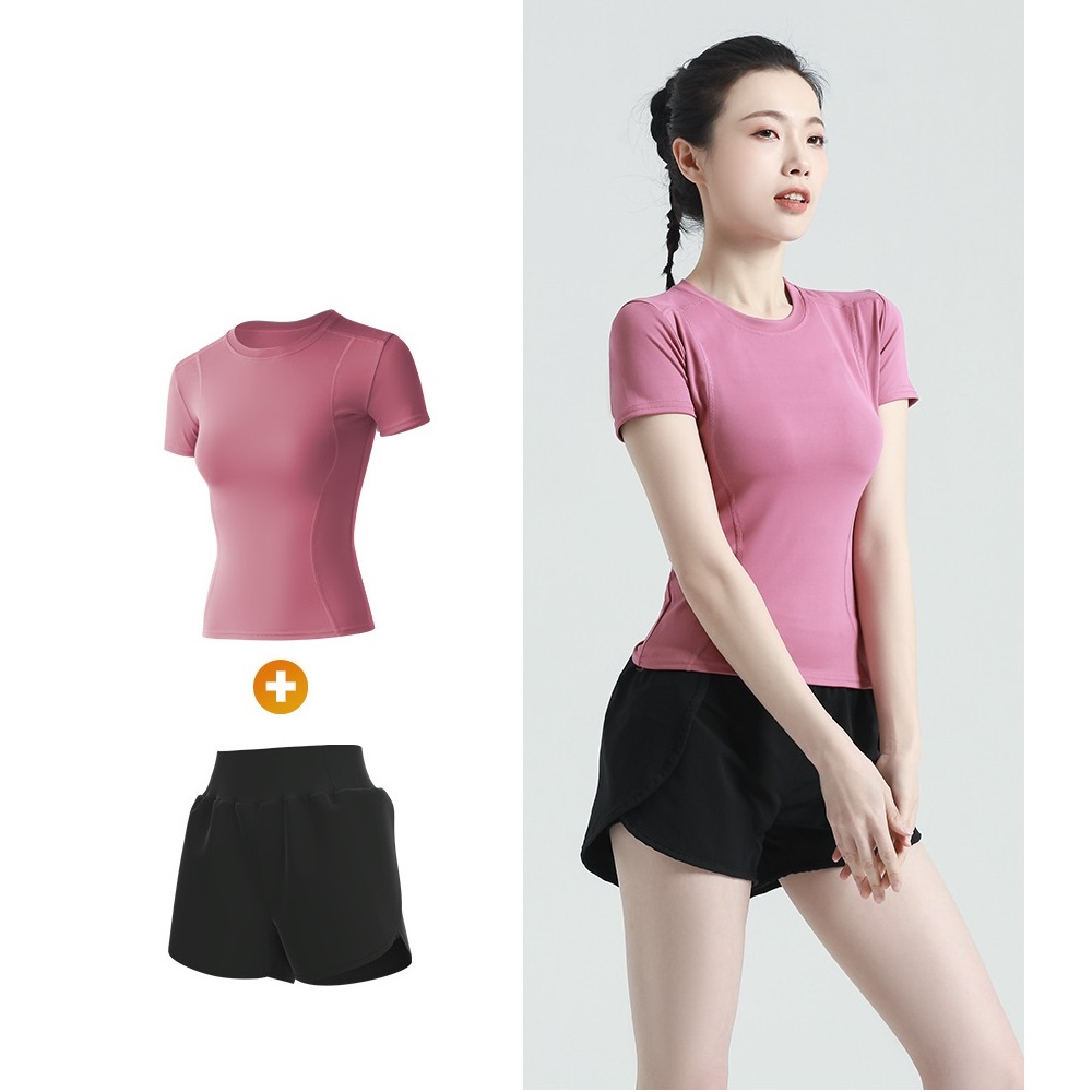 Bộ quần áo tập gym, chơi tennis nữ có túi đùi, gồm áo thun và quần short 2 lớp thời trang