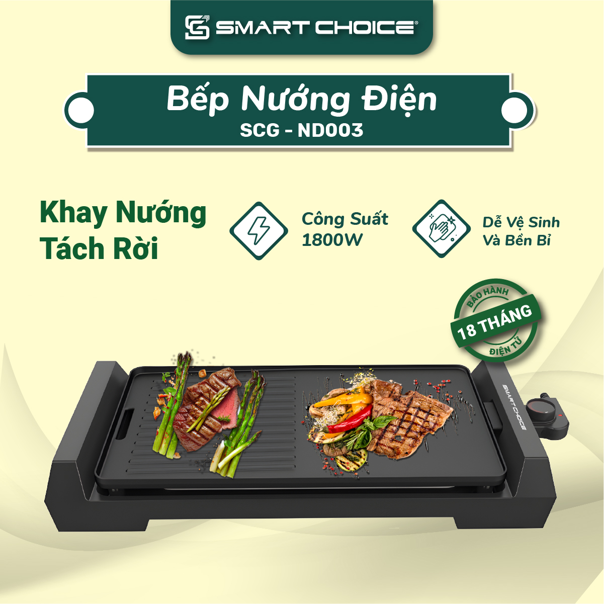 Bếp nướng điện smartchoice scg-nd003 chống dính, bếp nướng điện không khói bh 18 tháng