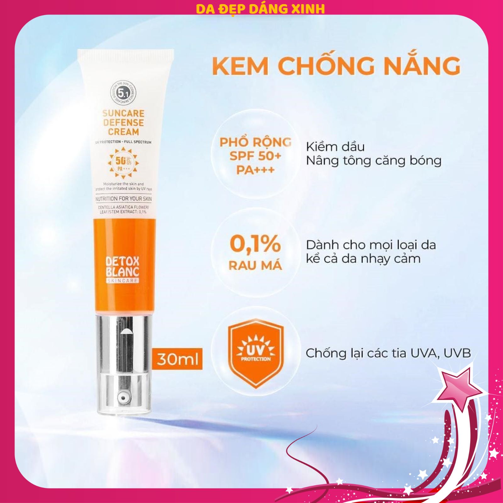 Kem chống nắng trắng da phổ rộng spf 50+ pa +++ detoxblanc suncare defense cream 30ml