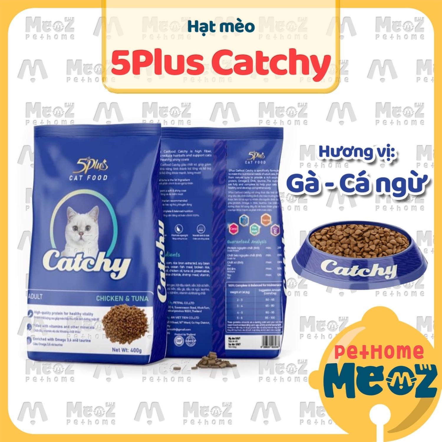 Hạt mèo Catchy Gà & Cá Ngừ - Thức ăn hạt cho mèo 5Plus Catchy gói 400g | Meoz Pet Food