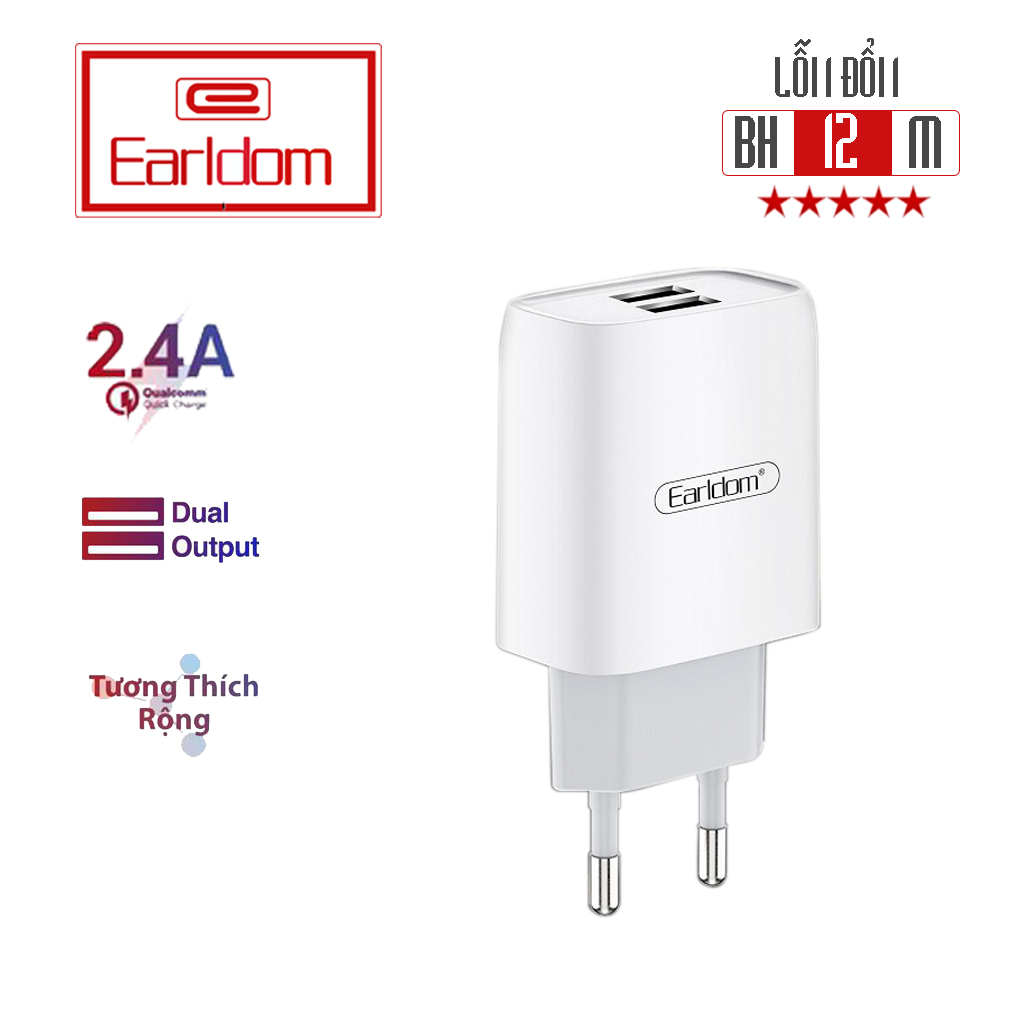 Sạc Bộ Earldom ES - 196 (Hỗ Trợ 2 Cổng USB) Củ Sạc Nhanh Kèm Dây Sạc Lightning, Type C, Micro