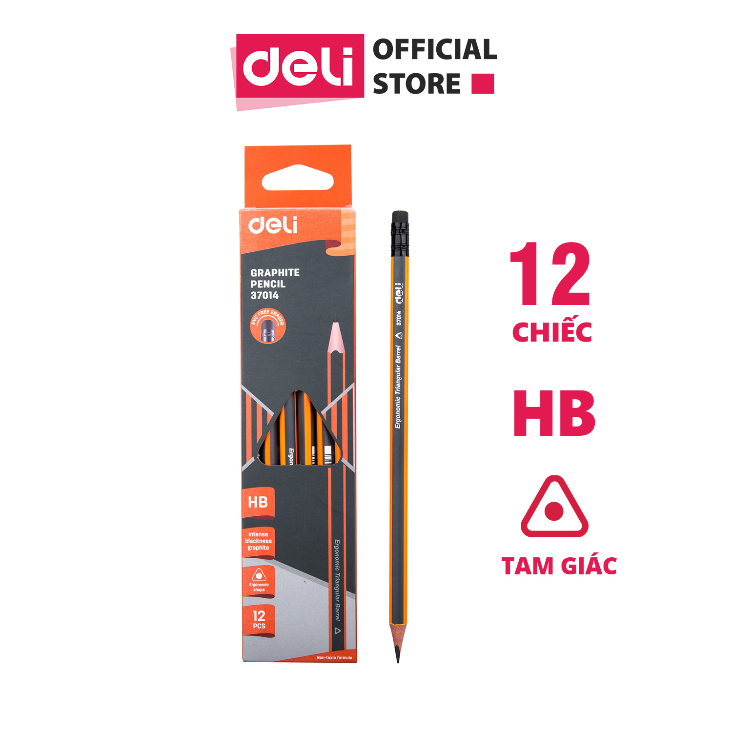 Bút chì 2B kèm tẩy Deli, sọc neon nhiều màu  - 12 cây/hộp E37013 / E37014 / E37015 / E37016