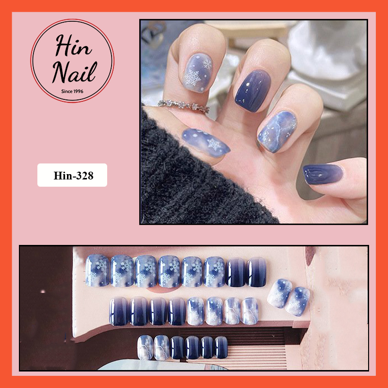 Móng tay giả Hin Nail form ngắn màu ombre xanh trắng họa tiết hoa tuyết