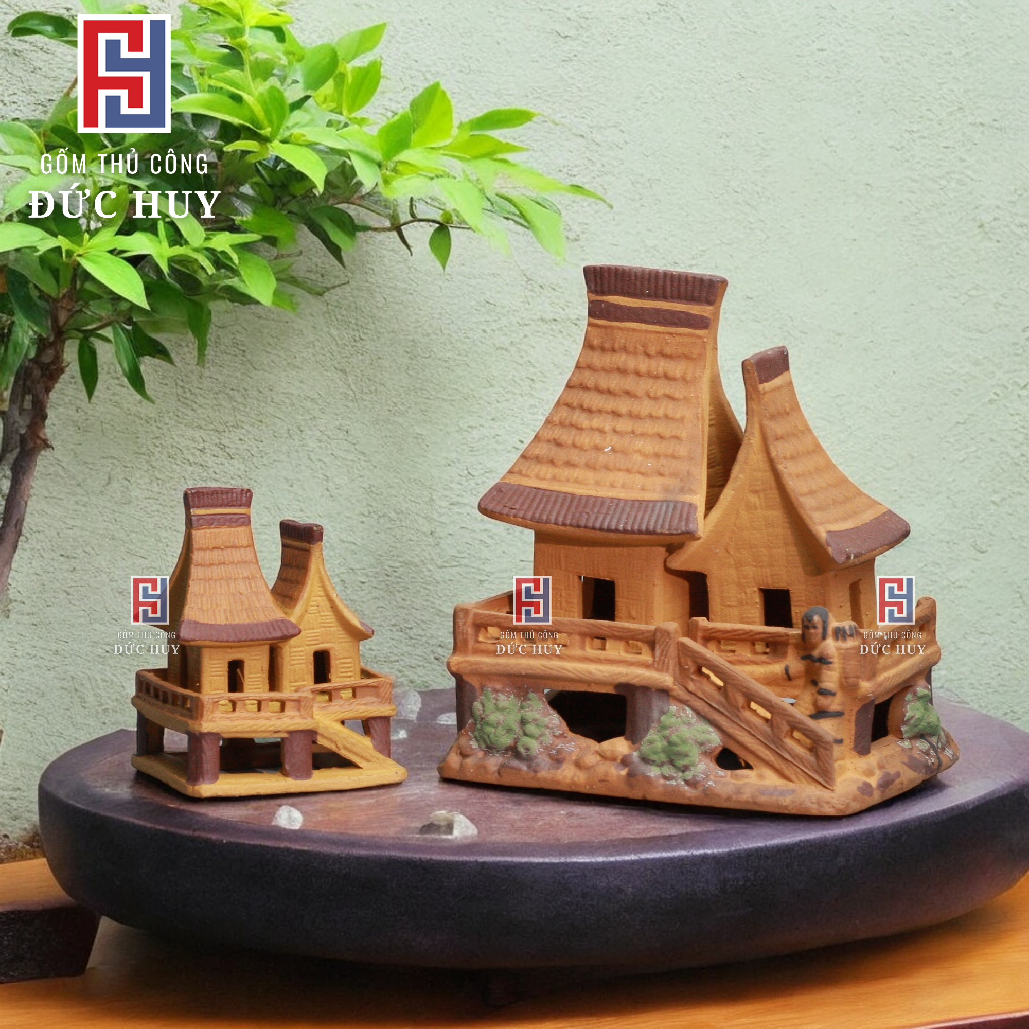 Mô hình gốm Nhà Sàn dân tộc 2 gian phụ kiện trang trí tiểu cảnh hòn non bộ bể cá chậu cây bonsai
