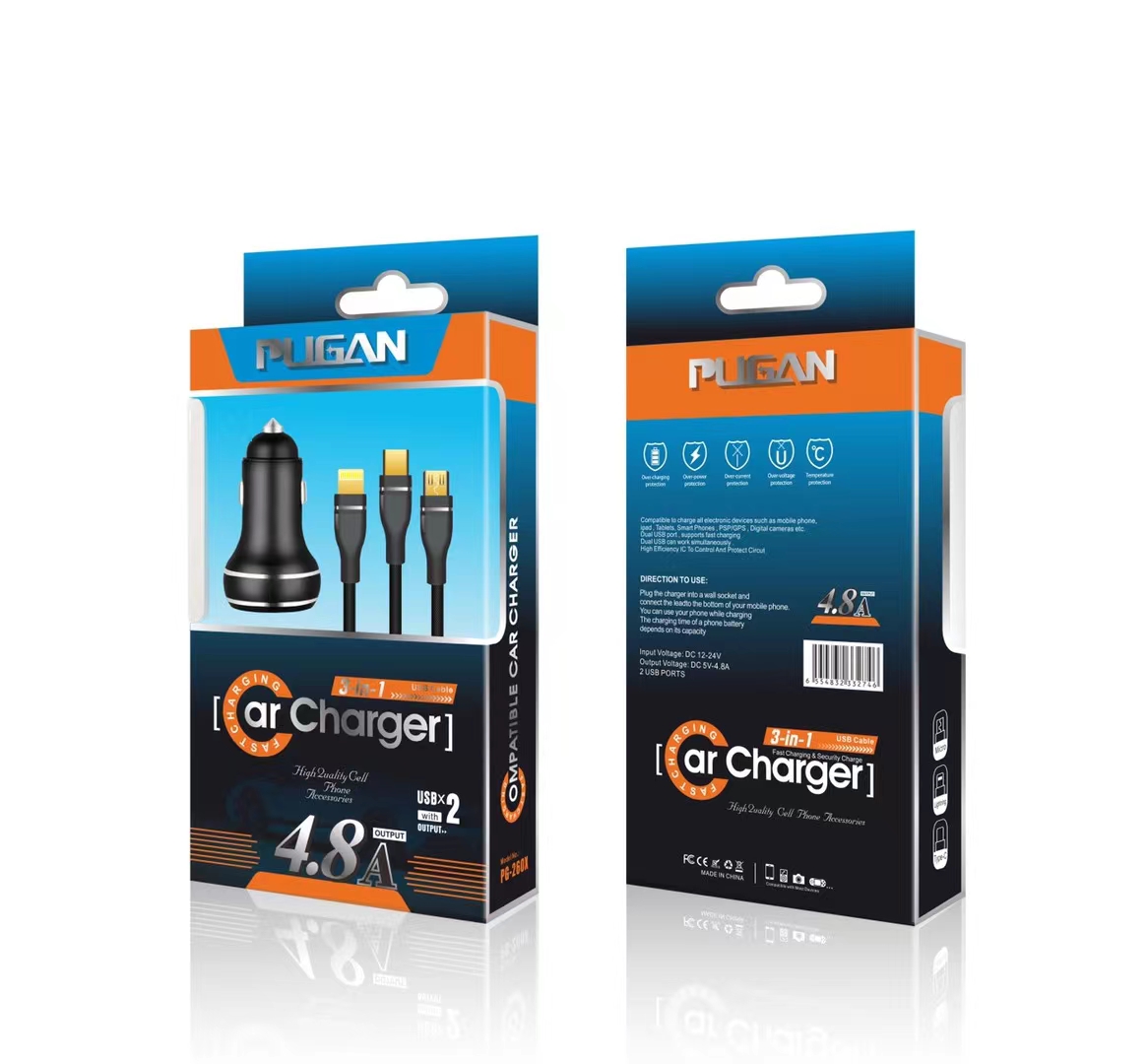 Tẩu sạc pugan 4.8A - tẩu sạc tặng kèm dây trên xe ô tô hàng chất lượng - sạc nhanh