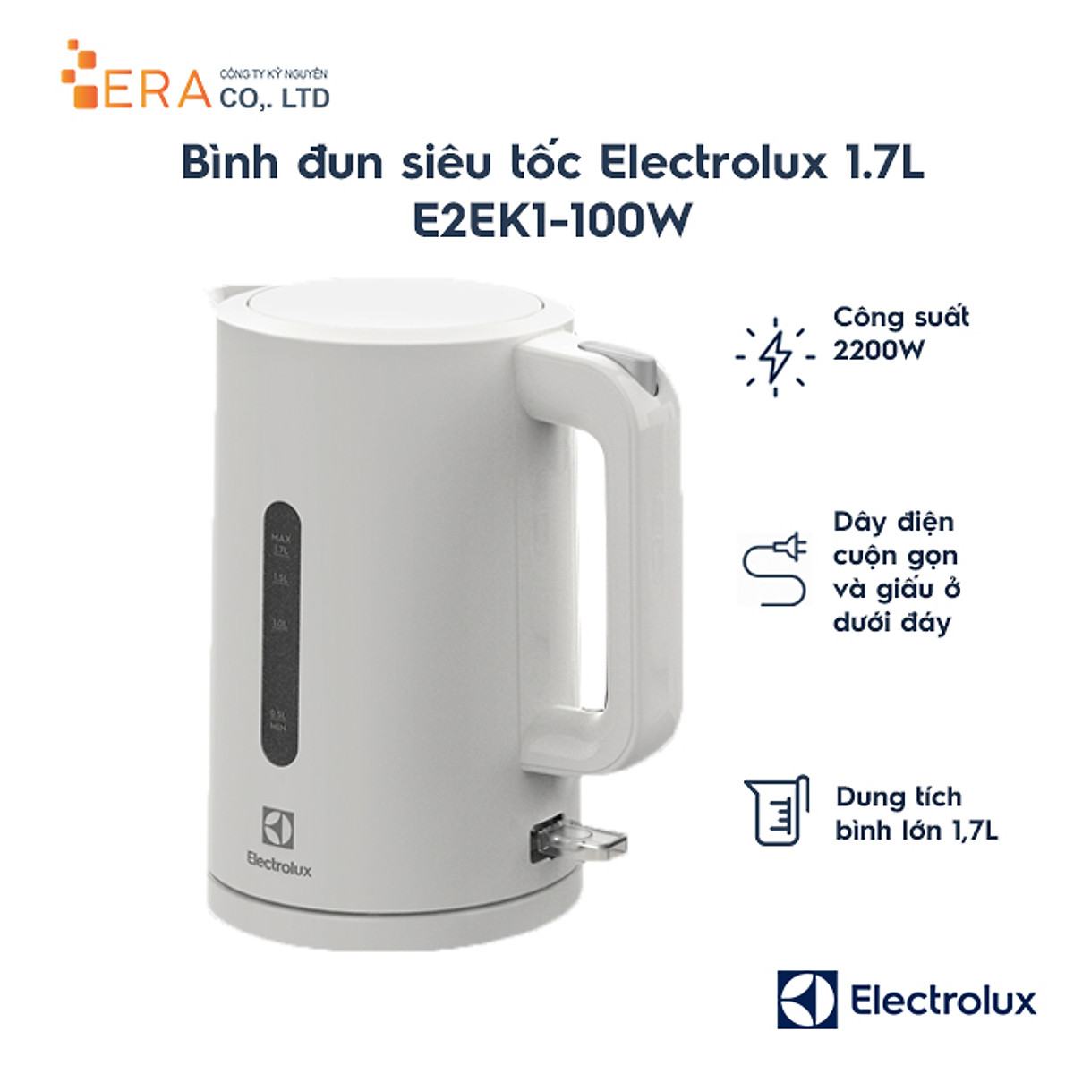 Bình đun nước siêu tốc electrolux e2ek1-100w 1.7l - hàng chính hãng
