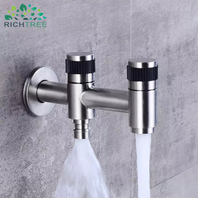 Vòi hồ 2 ống xả richtree - kết hợp vòi máy giặt inox 304 nguyên khối vhk01