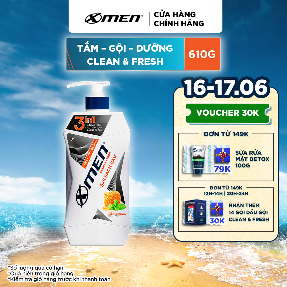 Tắm Gội Dưỡng Xmen Clean & Fresh 3in1 Sạch Gàu 610g