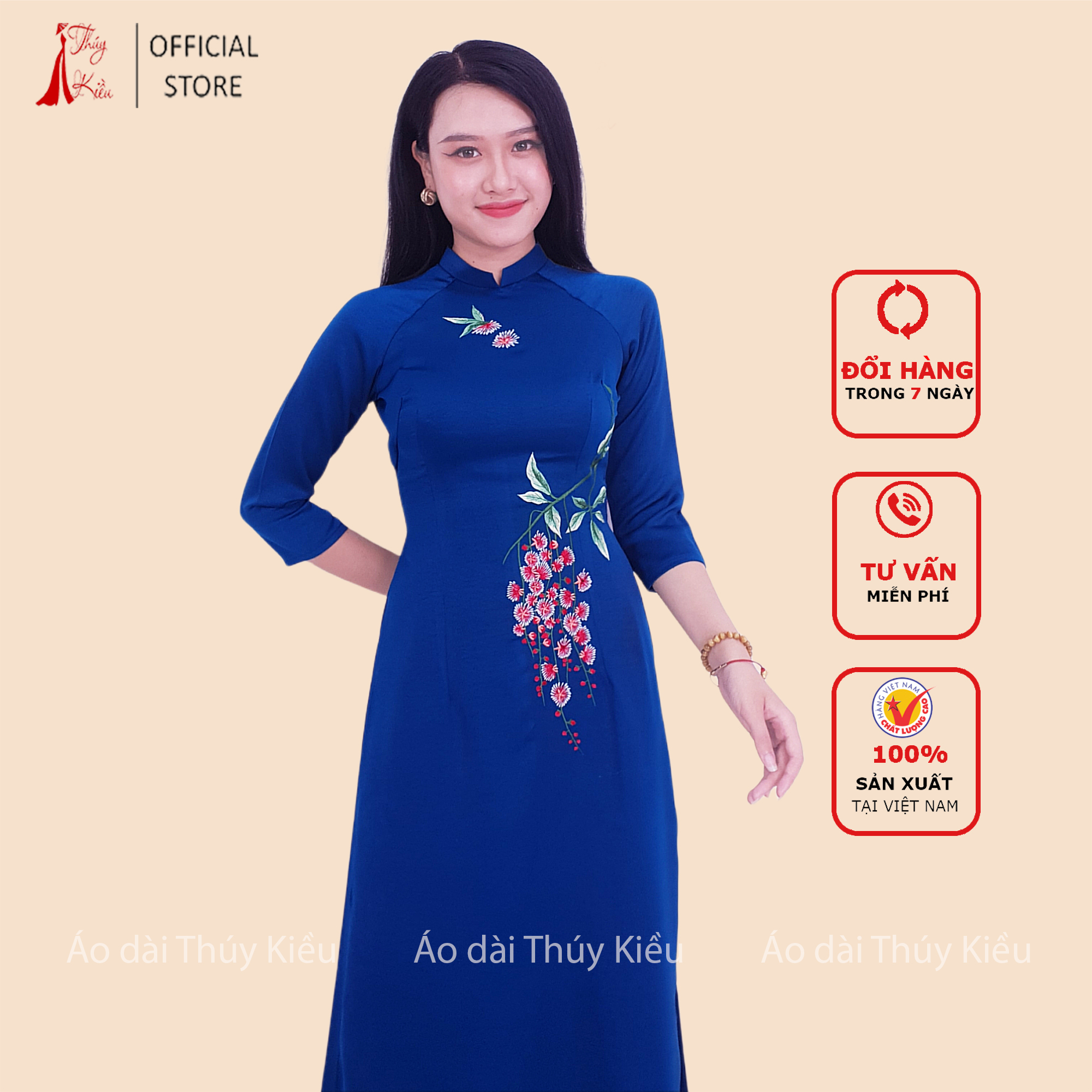 Áo dài lụa tây thi cổ 2 phân thêu lộc vừng at32