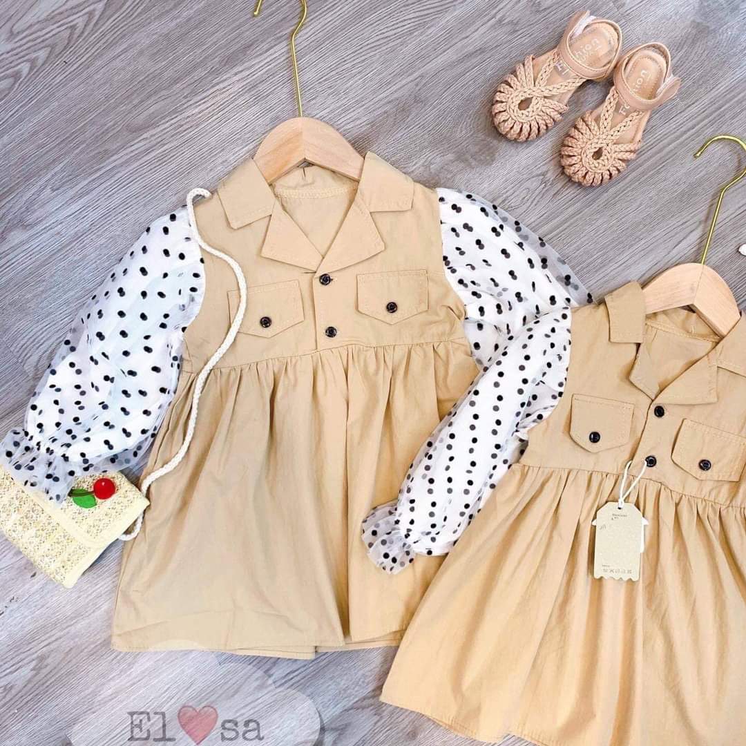 [HCM]Đầm cổ vest tay voan bi cực xinh cho bé gái