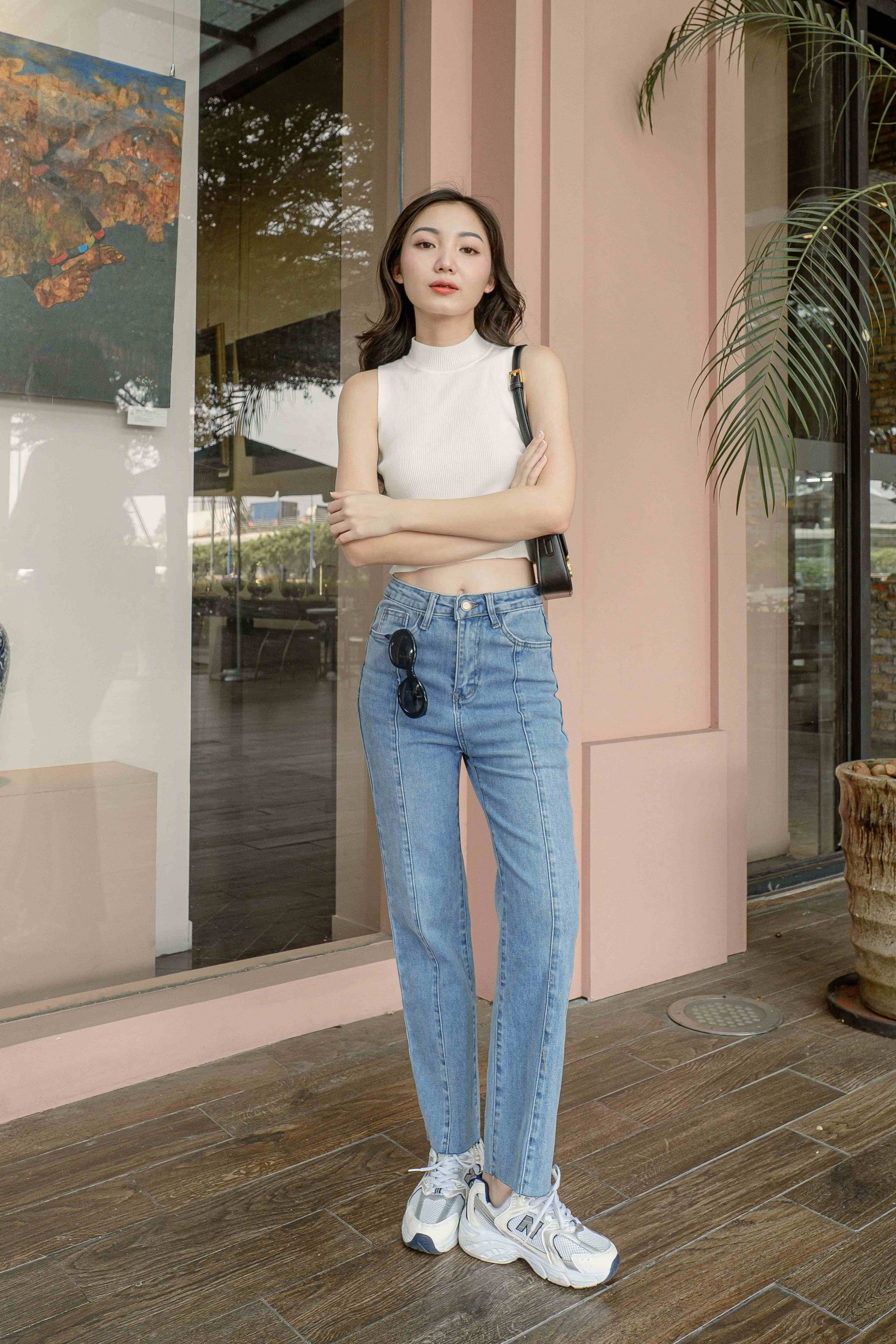Quần jeans ống suông ráp 2 mảnh xanh nhạt lenclothing 9505