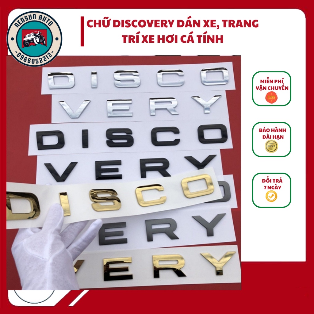 Chữ DISCOVERY MÀU VÀNG Nổi 3D Trang Trí Ô Tô – Có Sẵn Keo Dán 3M