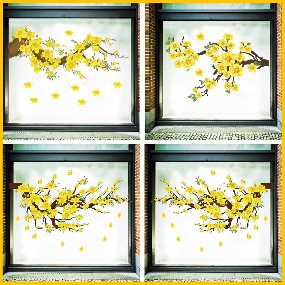 Decal cành mai cành đào 🌸 decal dán kính Tết Giáp Thìn Chúc Mừng Năm Mới Happy New Year 2024 Decal giấy dán tường cành mai đào dán kính sticker 2024 trang trí tường có sẵn keo decal dán kính tết decal giáp thìn