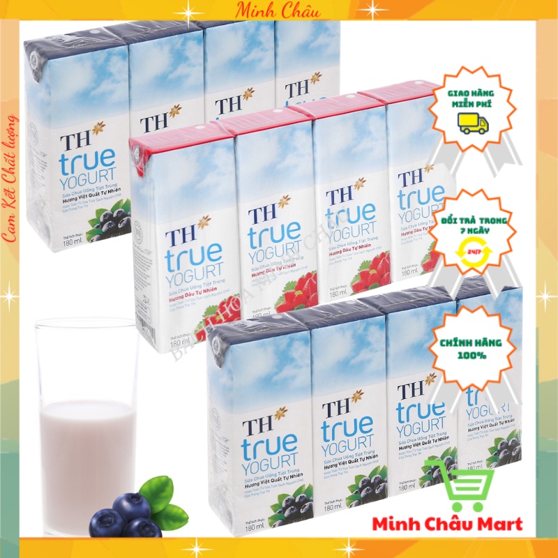 Sữa Chua Uống TH True YOGURT Tiệt Trùng Hương Việt Quất/ Cam/ Dâu Tự Nhiên Lốc 4 Hộp