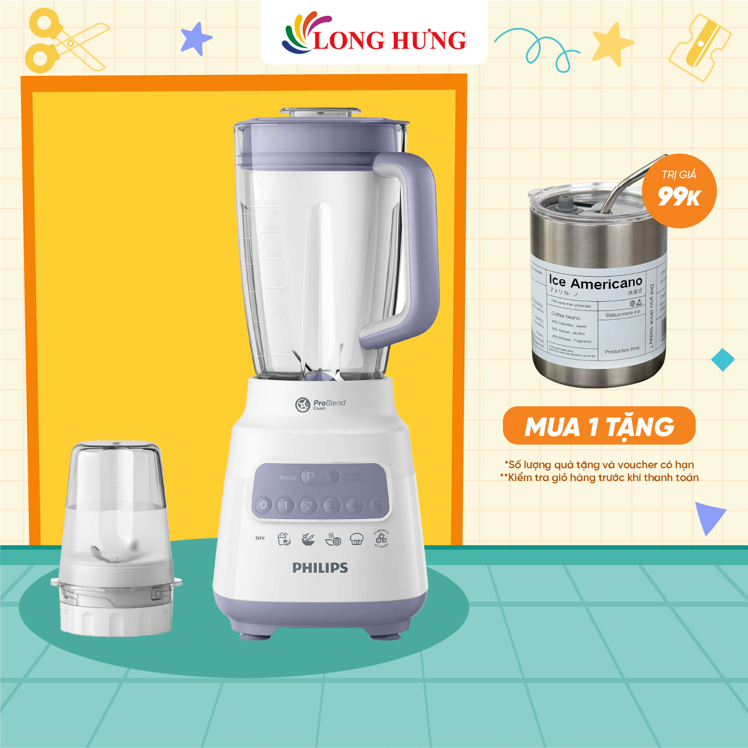 Máy xay sinh tố Philips HR2221/00 - Hàng chính hãng - Công suất 700W, lưỡi dao bằng thép không gỉ bảo vệ sức khỏe, 5 chế độ xay