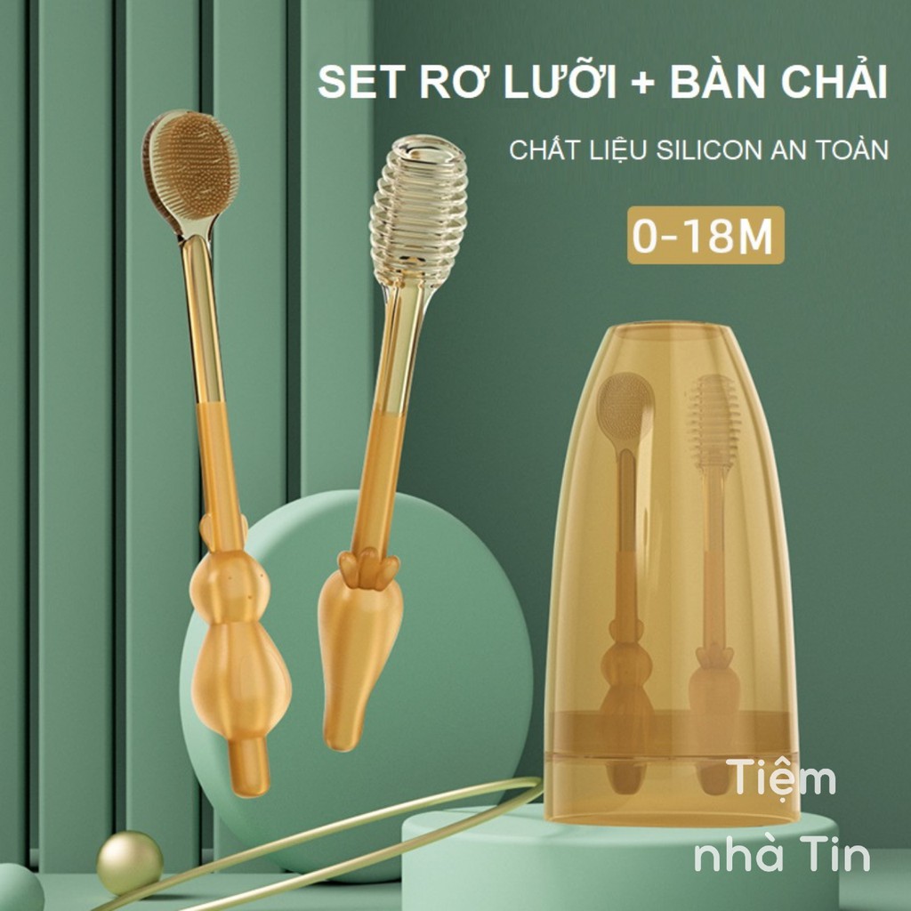 Bàn chải silicon cho bé, set rơ lưỡi, bàn chải tưa lưỡi kèm hộp đựng